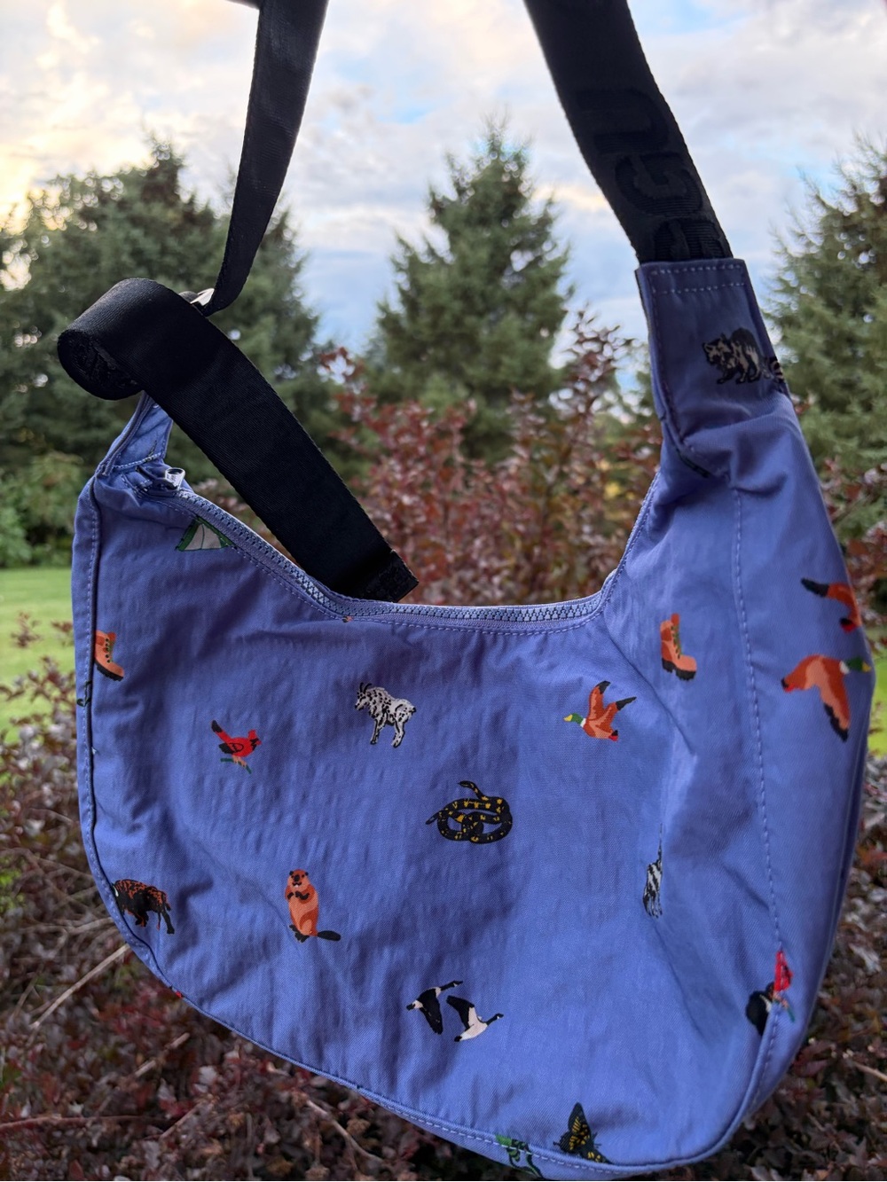Baggu x Park Project medium nylon crescent bag purple naturalist club wildlife